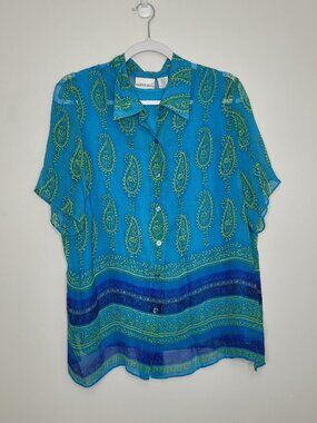 Vintage Fashion Bug 100% silk blue green button front artsy short sleeve top
